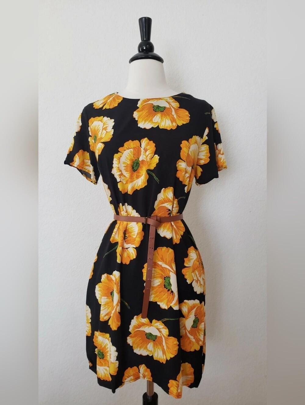 Black Floral Short-Sleeve Dress with Orange Poppy Print